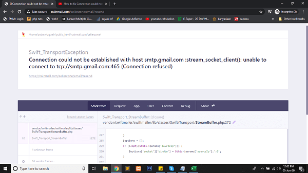 How can I solve Connection could not be established with host smtp.gmail.com ?